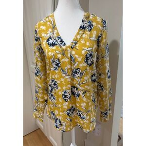 J.Crew XXS Floral‎ Blouse Yellow Blue White Long Sleeve V Neck Top Fairycore